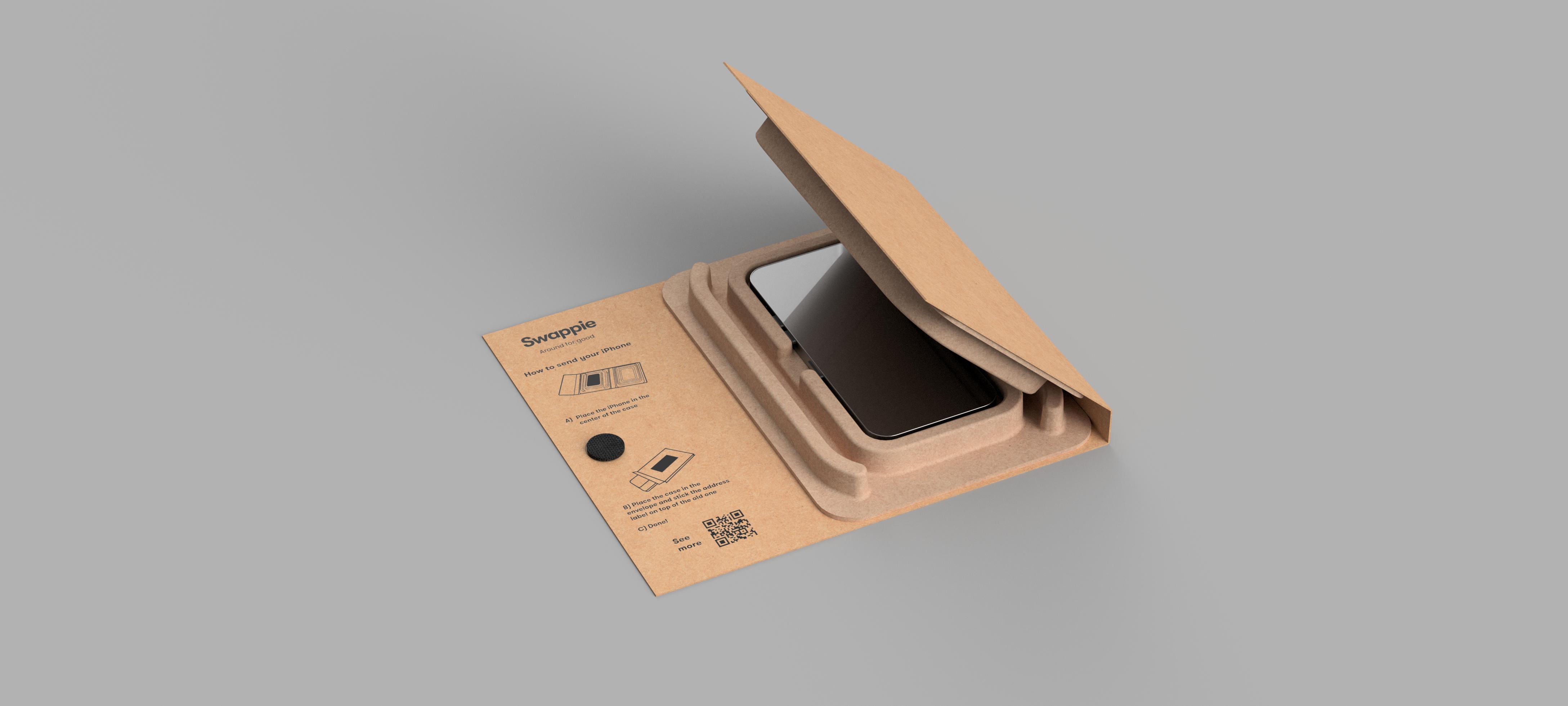 Swappie reusable trade-in packaging with iPhone in molded compartment
