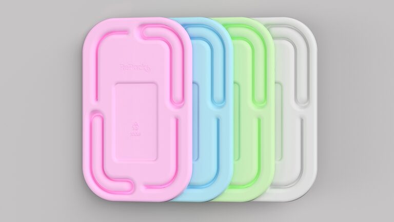 Four Vie (Sales Pack) moulded paper-pulp trays shown in pink, blue, green and white